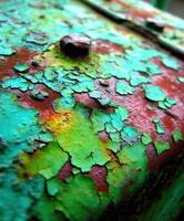Rusty metal box with green paint and red paint photo