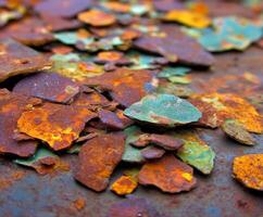Colorful rust flakes scattered on a metallic surface outdoors photo