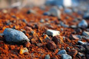 Reddish soil and scattered stones in a natural landscape photo