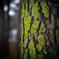 Textured tree bark covered in vibrant green moss in a forest photo