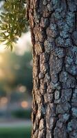 Tree bark illuminated by soft sunlight in a serene park setting photo