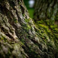 Close-up view of textured tree bark with moss in nature photo