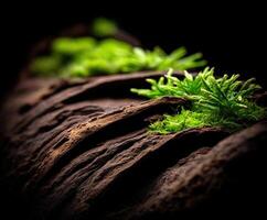 Green moss grows on textured bark in a dark environment photo