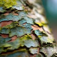 Close-up view of textured tree bark with green moss photo