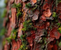 Unique textures on a tree bark with moss and lichen photo