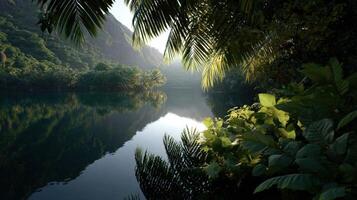 Tranquil lake surrounded by lush greenery at sunrise photo