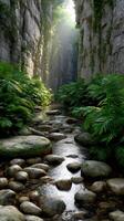 Lush canyon with flowing stream and sunlit greenery photo