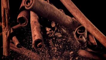 Cinnamon sticks fly up and down. Filmed on a high-speed camera at 1000 fps. High quality FullHD footage video