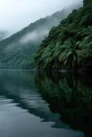 Lush green landscape with calm waters in a misty setting photo