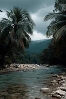 Lush riverbank surrounded by palm trees on a cloudy day photo