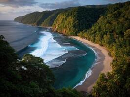 Serene coastline at sunset with lush green hills photo