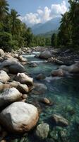 Majestic river flows through lush tropical landscape in daytime photo