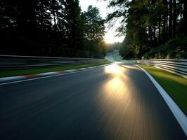Sunset glow on winding road in scenic forest area photo