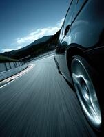 Racing on a winding track with dynamic motion in clear sky photo