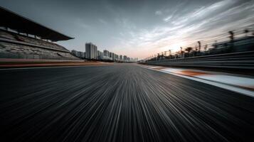 High-speed racing track at dusk in urban setting photo