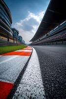 Race track panorama highlighting the asphalt and grandstands photo
