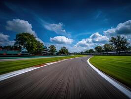Racing cars navigate a winding track under a clear blue sky photo