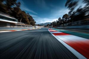 Racing track in dynamic motion with blurred landscape behind photo