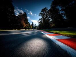 Track view of a winding road surrounded by trees in daylight photo