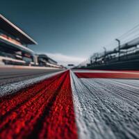 Racing track perspective showing vibrant red and white lines photo