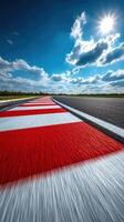 Racing track curves under a clear blue sky with clouds photo