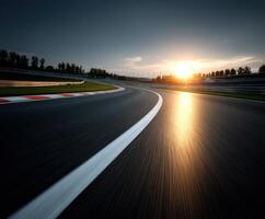 Racing track curves with sunset in the background near the horizon photo