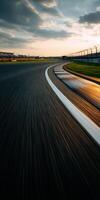 Racing track curves under a sunset sky with vibrant colors photo
