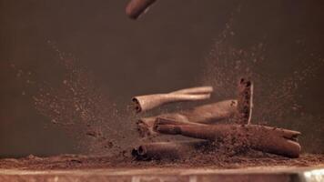 Cinnamon sticks fall on the table. Filmed on a high-speed camera at 1000 fps. High quality FullHD footage video