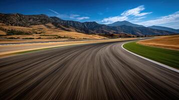 Racetrack curves through mountainous landscape under clear sky photo
