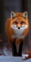 Red fox approaches cautiously in a snowy forest clearing photo