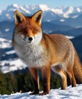 Fox in snow with mountains in winter photo