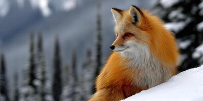 Fox resting in snowy mountains during winter season photo