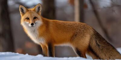 Red fox standing gracefully in snow-covered forest photo