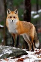 Fox stands gracefully in snowy forest landscape during winter photo