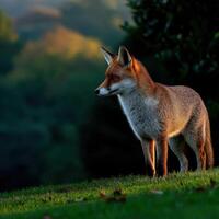 Fox stands alert in a lush green landscape during sunset photo