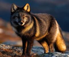 Stunning arctic fox stands on rocky terrain during sunset photo