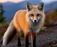 Red fox stands alert in a mountain landscape at sunset photo
