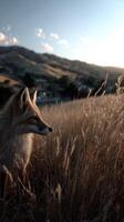 Fox observing golden grass at sunset in a peaceful meadow photo