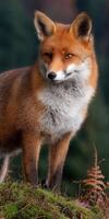Fox stands proudly on a mossy rock in a forest setting photo
