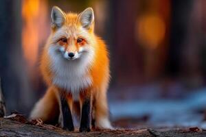 Fox resting in a wooded area during sunset photo