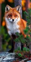 Stunning red fox standing beside pine trees in autumn forest photo