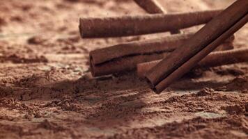 Cinnamon sticks fall on the table. Filmed on a high-speed camera at 1000 fps. High quality FullHD footage video