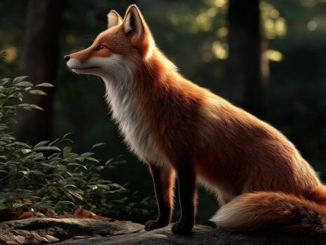Fox observes its surroundings in a forest setting photo
