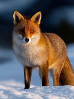 Fox stands in snowy landscape during golden hour photo