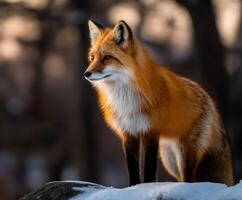 A red fox stands on a rock in the snow photo