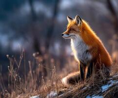 Red fox rests quietly in the early morning sunlight photo