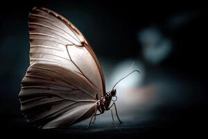 Butterfly perched on dark surface, showcasing delicate wings photo