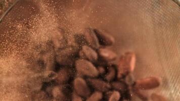 Cocoa beans fly up and fall down. Filmed on a high-speed camera at 1000 fps. High quality FullHD footage video
