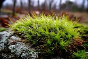Vivid green moss thrives on tree trunk in cloudy woodland photo