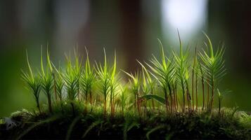Lush green sprouts emerging from moss in a forest setting photo